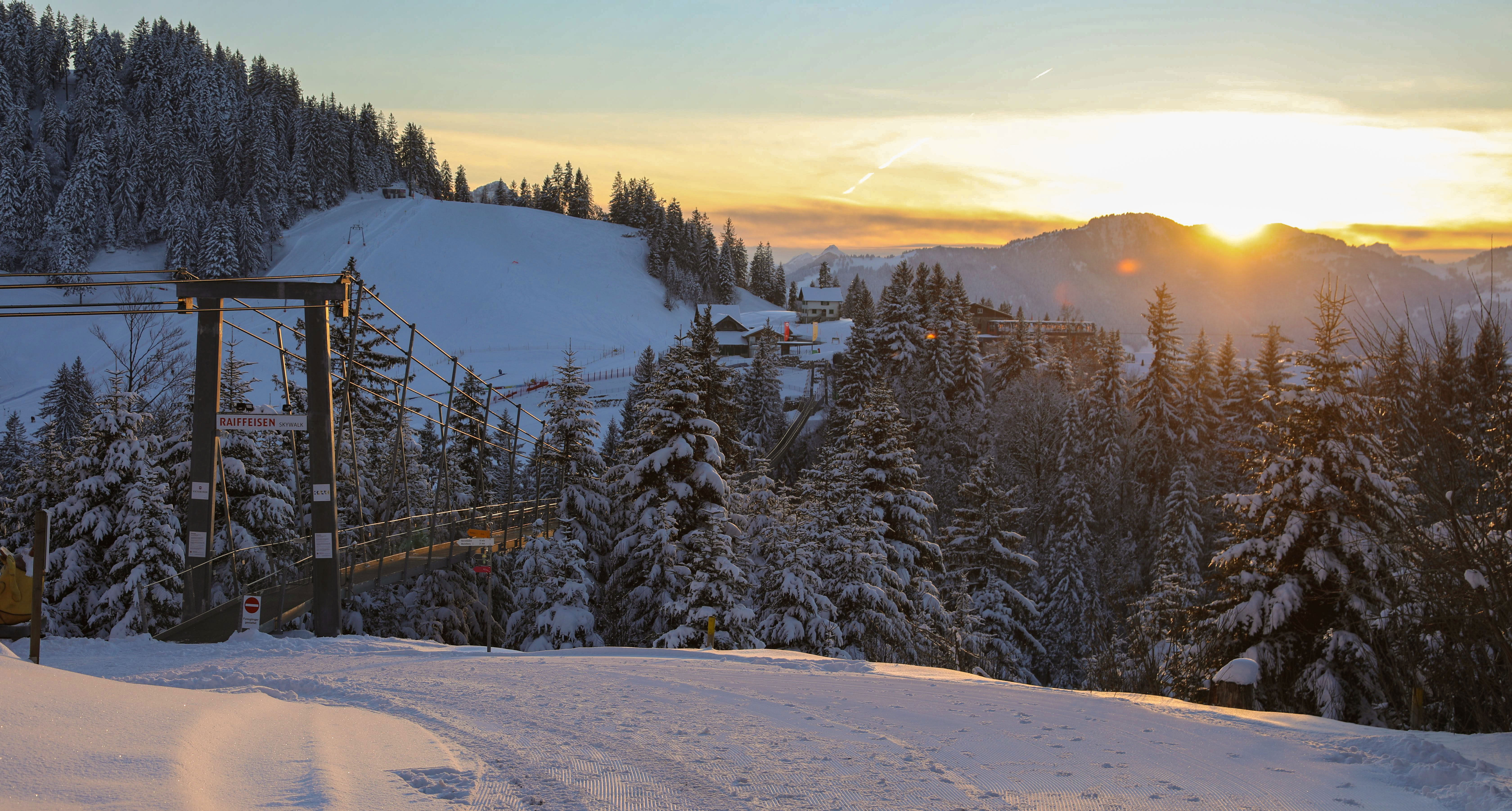 Winterlicher Blick auf die Hängebrücke und den Wald darum bei Sonnenuntergang