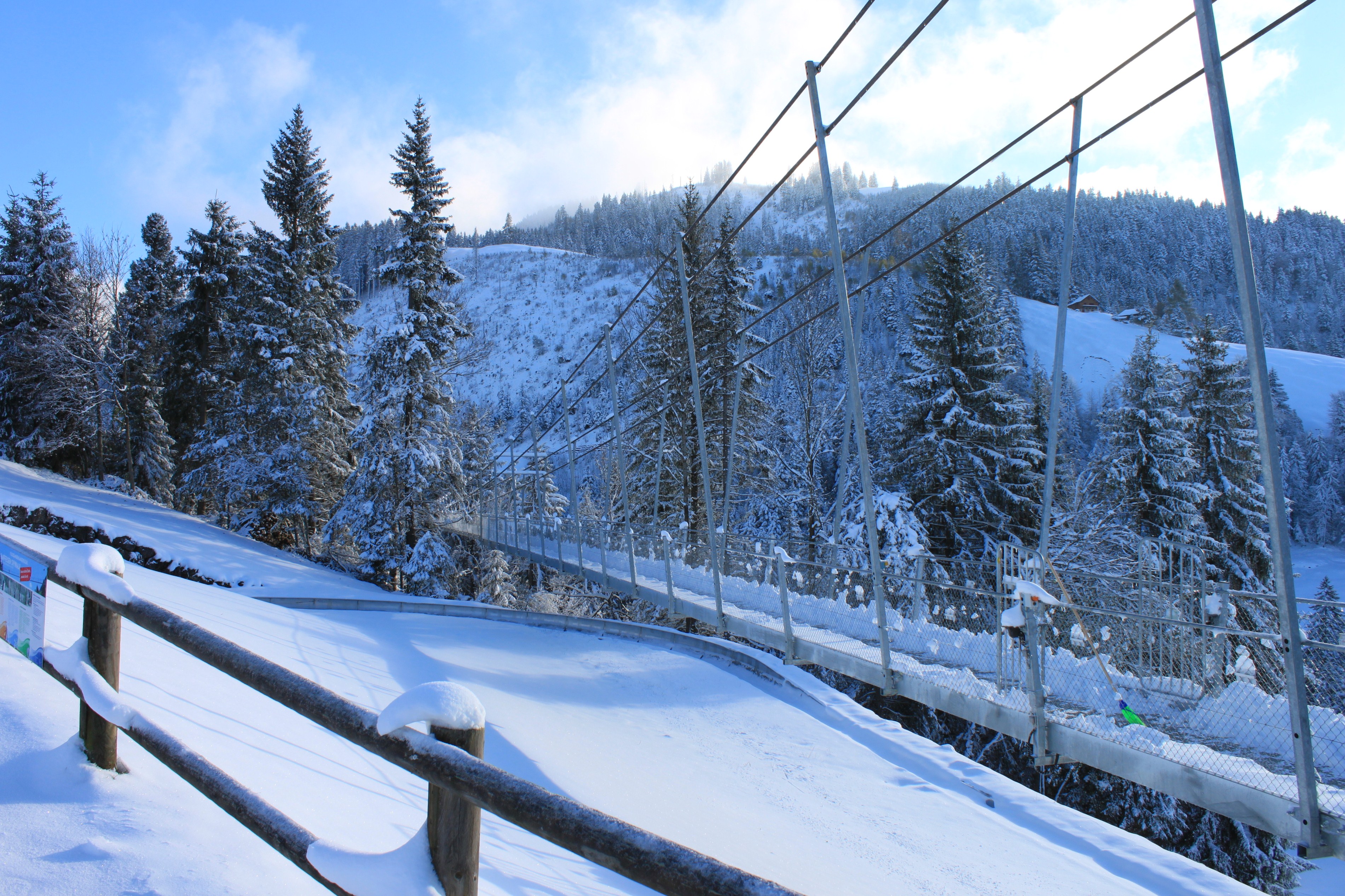 Seitliches Bild von der Hängebrücke im Winter bei schönem Wetter. 